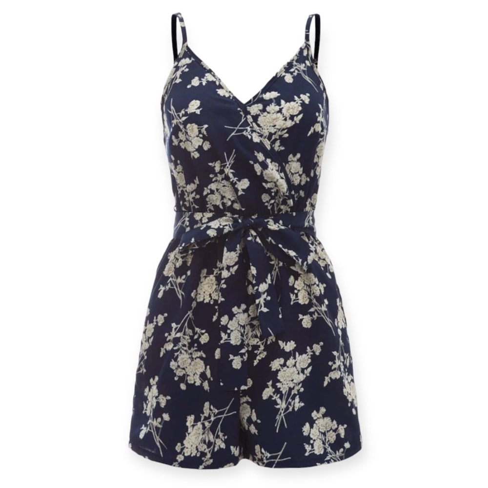 ROMWE Navy Blue Floral Wrap Romper (S)